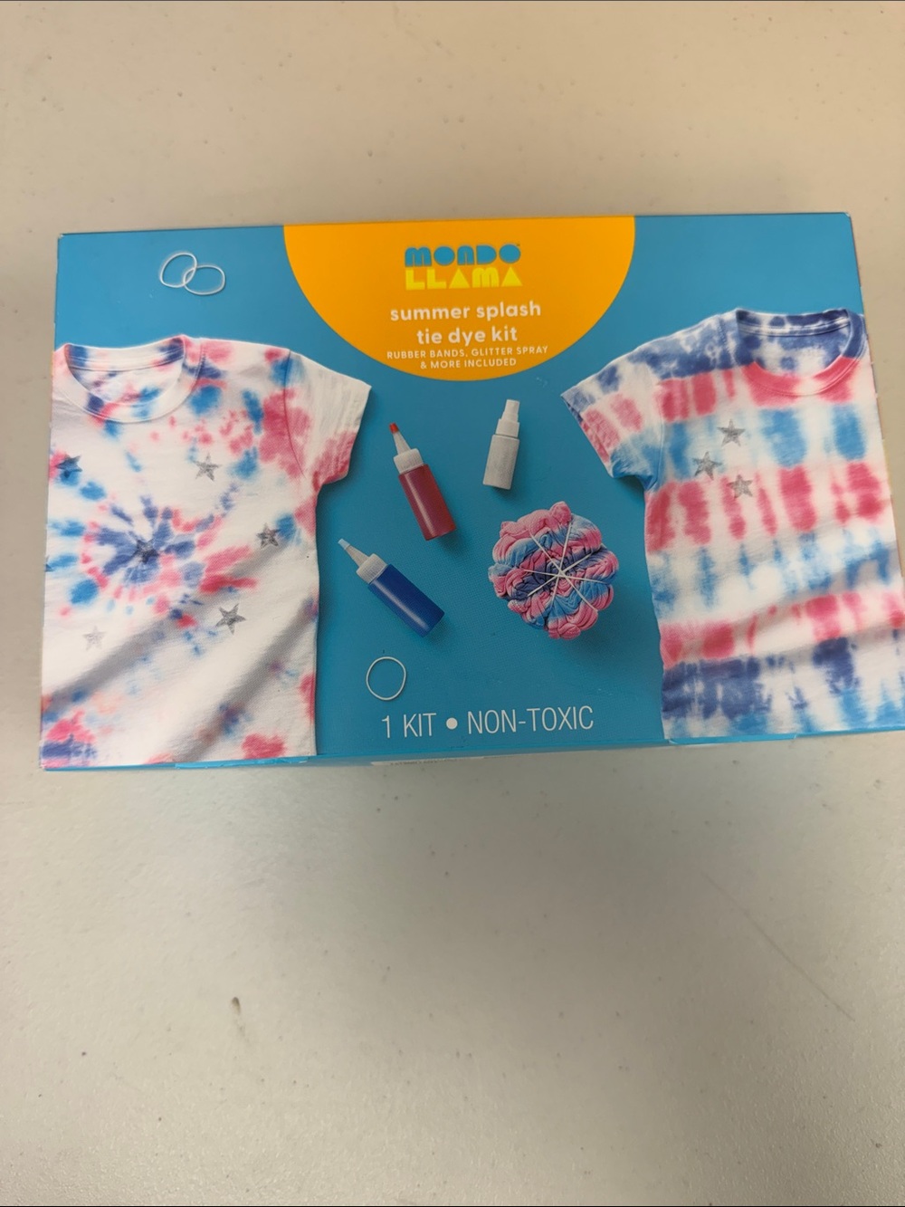 Kids' Summer Splash Tie Dye Kit - Pink & Blue rubber bands, dye, glitter spray